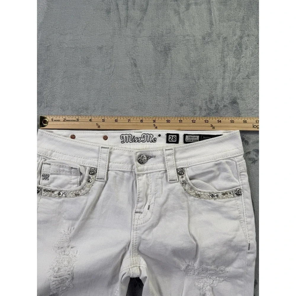 Miss Me White Skinny Jeans Womens 28 Signature Cuffed Rhinestone Distressed